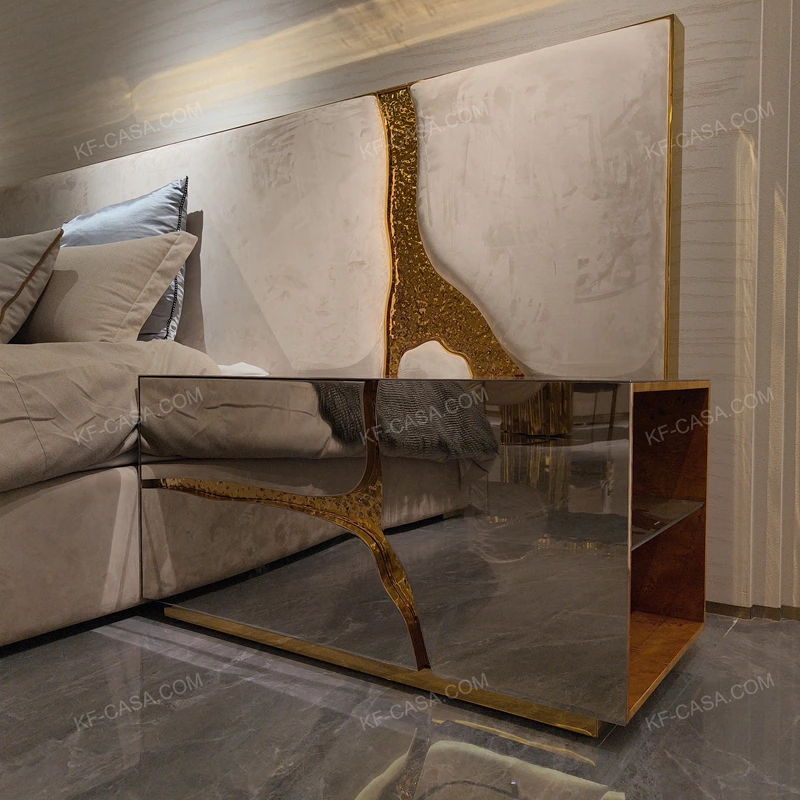 Mirror Stainless Steel Nightstand with Hammered Gold Accents & Burl Natural Wood Veneer